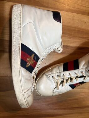 Gucci White Leather High-Top Sneakers with Red and Navy Stripe & Gold Bee